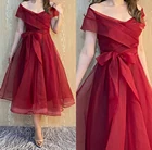 Женское ТРАПЕЦИЕВИДНОЕ вечернее платье, короткое Тюлевое зеленое платье с бантом, открытыми плечами и молнией на спине, 2019