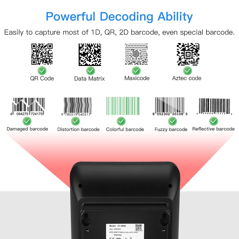 Eyoyo 2D QR Desktop Barcode Scanner infrared auto-sensing scanning decoding capability handfree supermarket big desktop scanner |