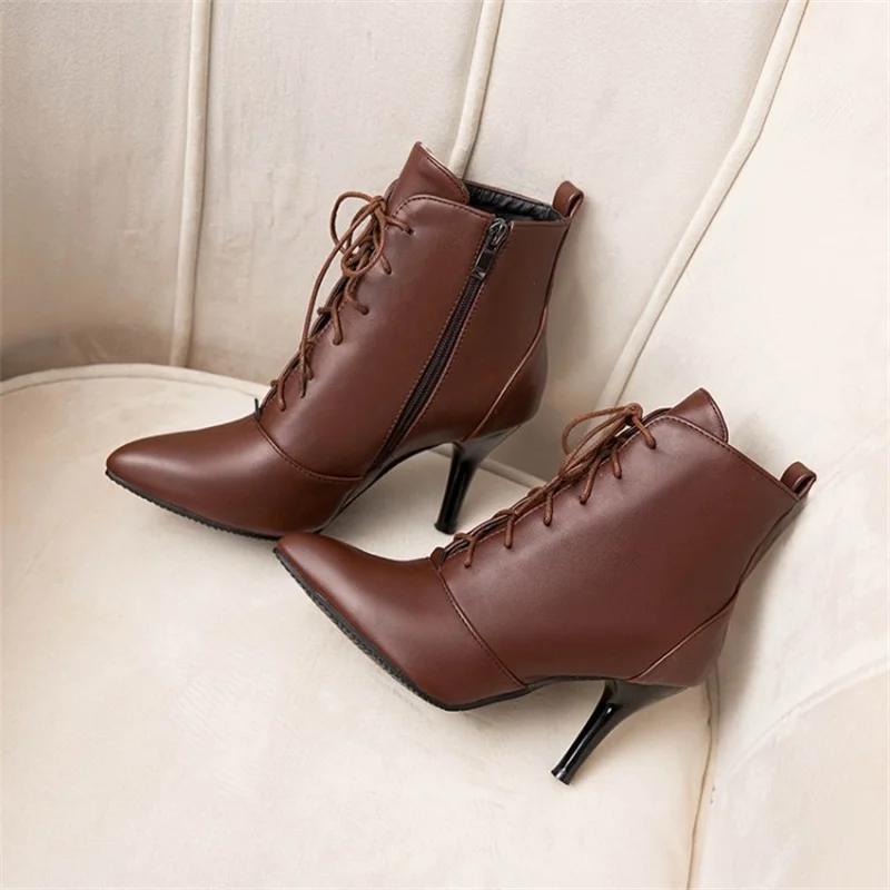 

Женские однотонные короткие ботинки на шнуровке, новинка осень-зима 2021, Универсальные ботинки в европейском и американском стиле с острым н...