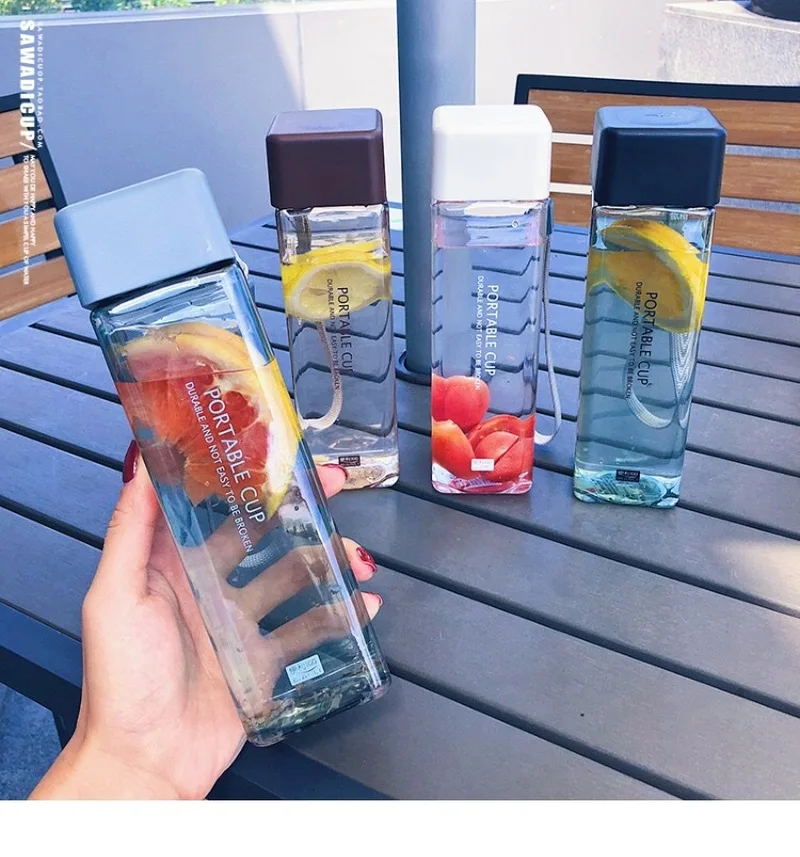 

Cute New Square Tea Milk Fruit Water Cup 500ml for Bottles drink with Rope Transparent Sport Korean style Heat resistant