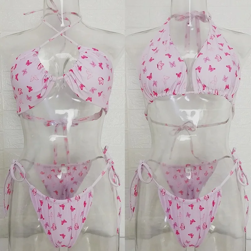 

2021 New Sexy Solid Color Lace Cross Two-Piece Bikini Wire Free Print Polyester