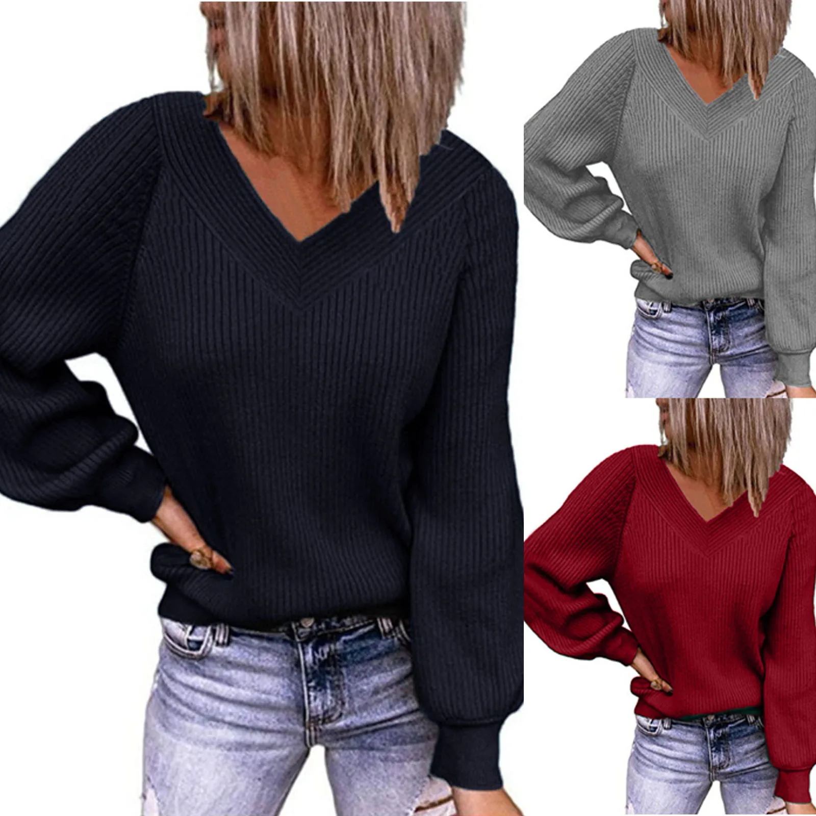 

Women'S Casual Fashion All-Match V-Neck Long-Sleeved Solid Color Loose Lantern Sleeve Sweater свитер оверсайз 2021