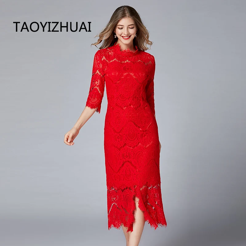 

Женское длинное кружевное платье TAOYIZHUAI, Осеннее асимметричное платье с воротником-стойкой и коротким рукавом, красного цвета, повседневное...
