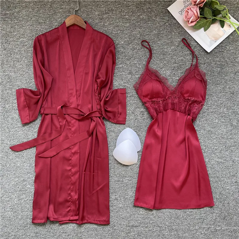 

Casual Satin Home Clothing Short Sleep Set 2PCS Robe Set Women Sexy Lace Nightwear Summer New Bathrobe Gown Pink Wedding Robe