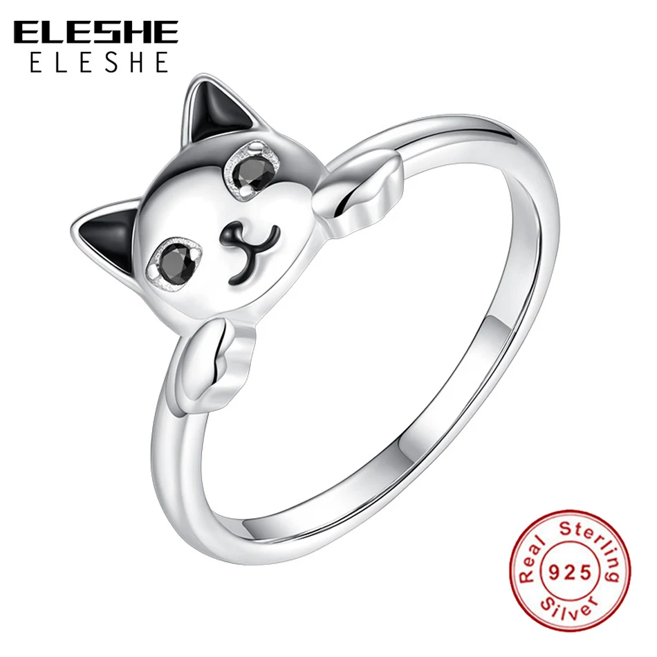 Подлинный eleshe, 925 пробы, серебряные кольца, Милая Черная Эмаль, озорной кот, кольцо на палец для женщин, вечерние, свадебные ювелирные изделия, подарок