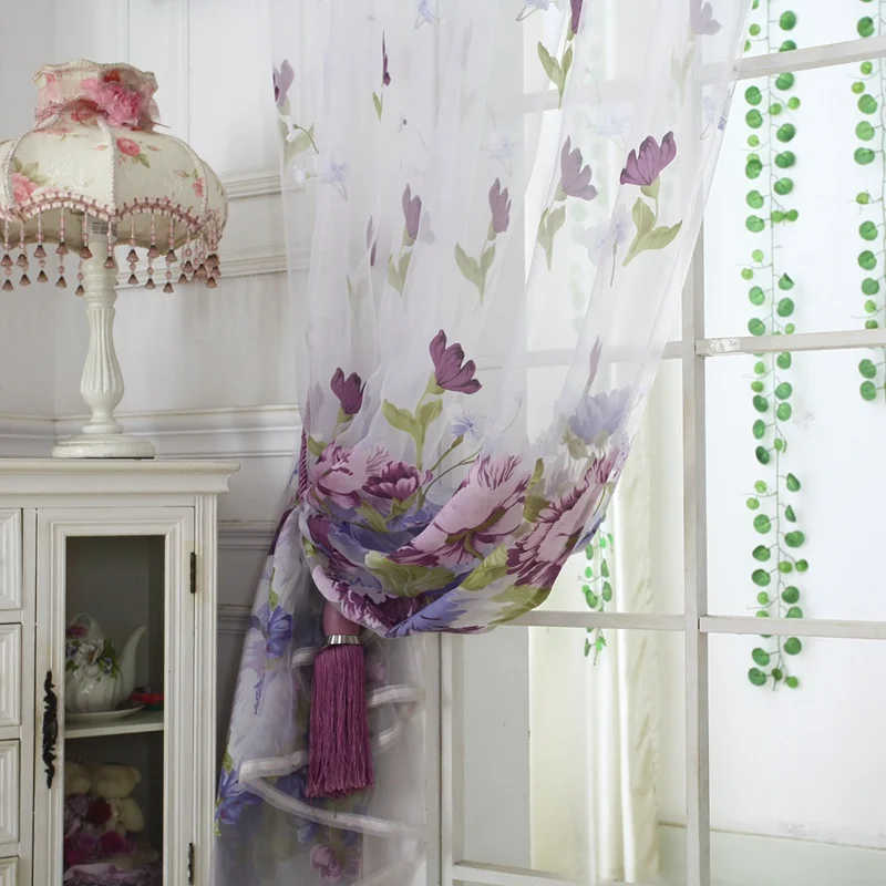 Purple Flower Tulle Curtains for Living Room Bedroom Kitchen Sheer Window Treatment Modern Short Curtain Panel Drape | Дом и сад
