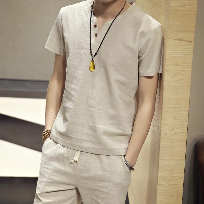 

5XL Men Cotton Linen Man T-shirt Set 2021 Summer Casual T-shirts Men Cotton Tee Shirts Male V-Neck Short Sleeve Tee Plus Size