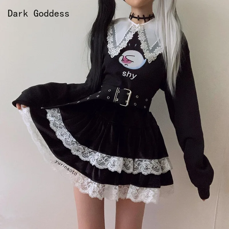

Gothic Lolita style mini skirt women's Harajuku retro Victorian bow lace patchwork black mini skirt girl punk outfit