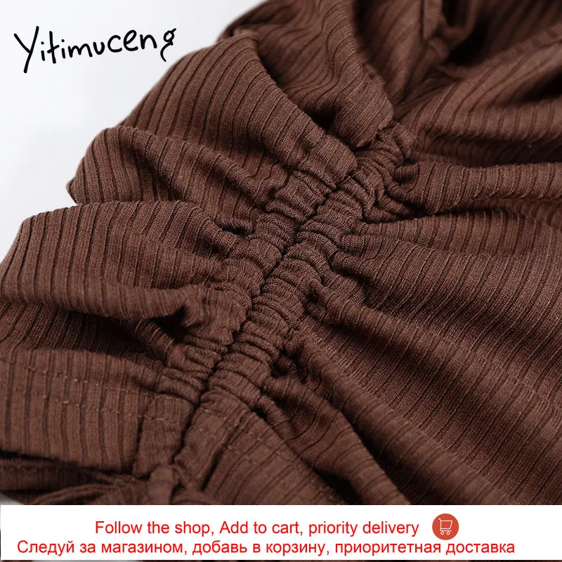 

Yitimuceng Crop Tops Women Summer 2021 White Stretch Fitted Tank Top Sexy Knitwear Ladies Tops Shirring Knitted Shirts New Brown