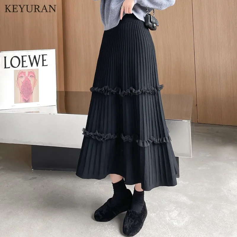 2021 Autumn Winter Women Knitted Skirt Korean Casual Ruffles Solid Gray A Line High Waist Pleated Midi Long Female Ladies | Женская