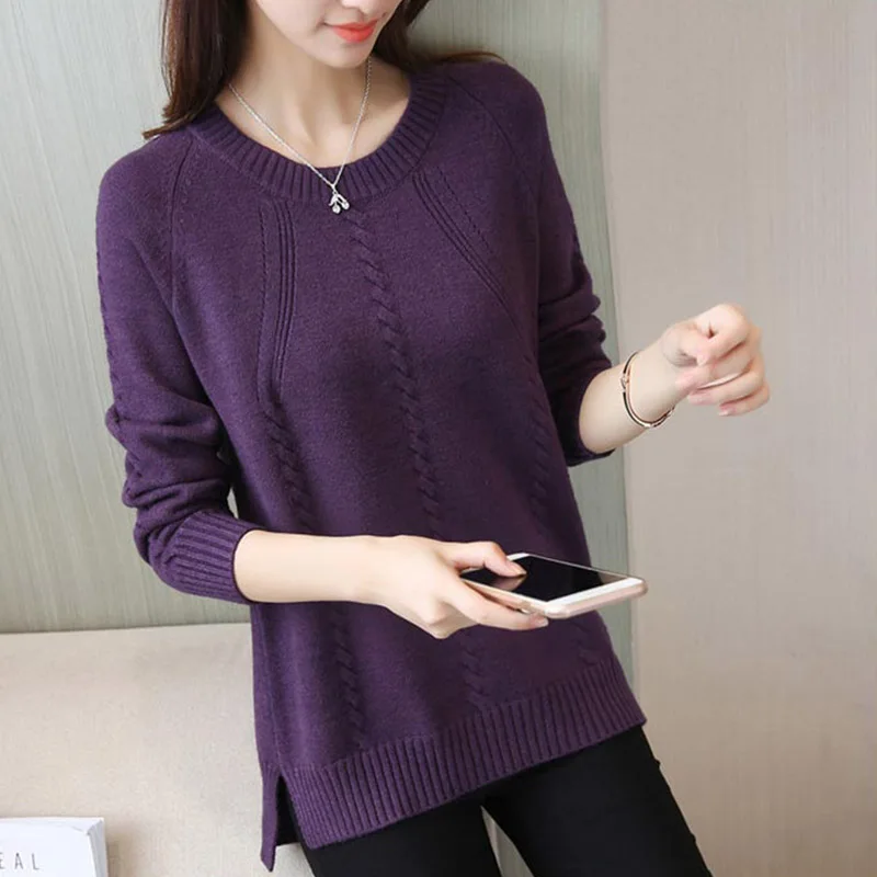 2019 Spring Autumn Warm Loose Knitting Pullover Sweater Women Korea Long Sleeved Female Side Slit Tops cc696 | Женская одежда