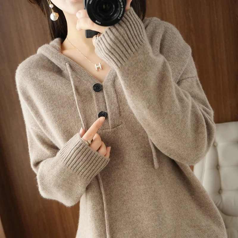 

BELIARST Women's Fall/Winter New Pullover With Hooded Collar 100% Pure Wool Casual Knitted Oversized Cashmere Sweater Tops