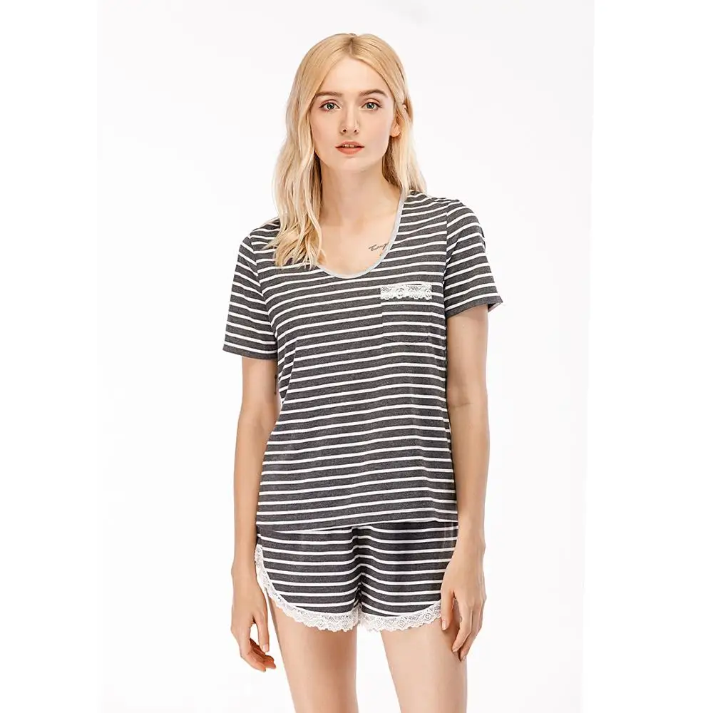 

bedroom sets Casual Striped Set Summer 2020 2 Piece Set Pyama Woman Set Two Piece Sleepwear Sets Sleepwear Women Cotton Pajamas