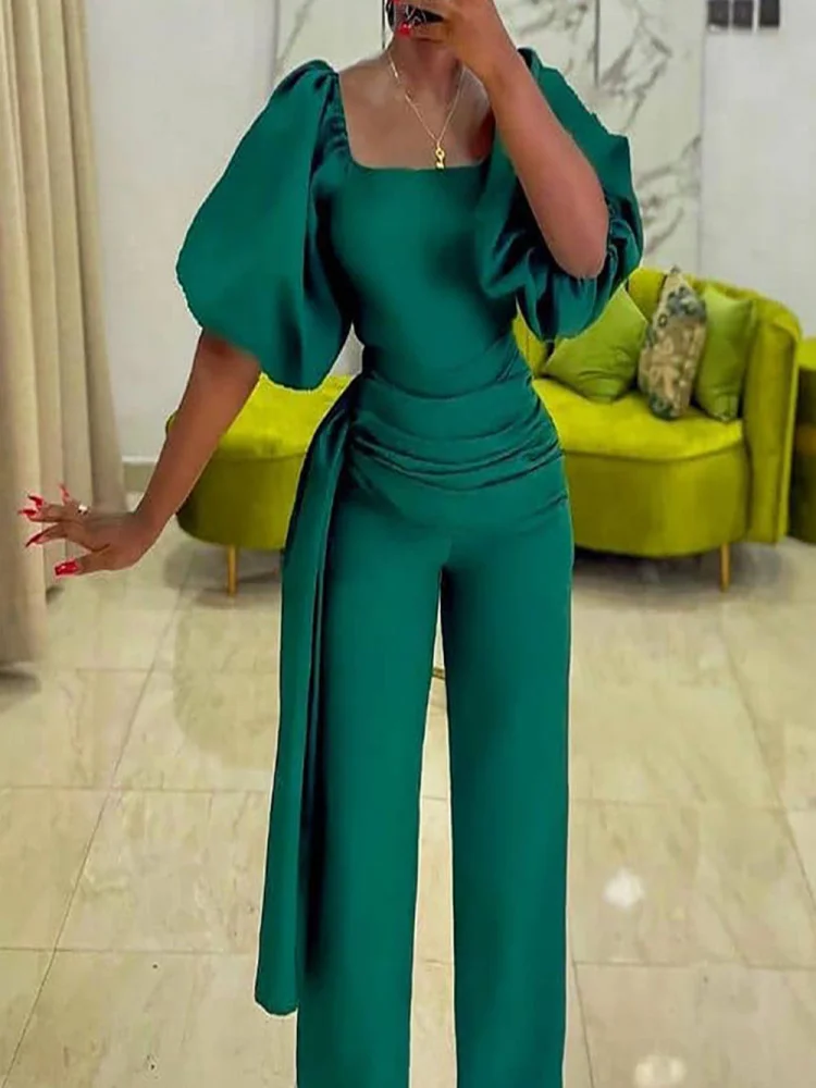 

2021 Summer New Fashion Oversize African Jumpsuit Solid Color Casual High Waist Sexy Puff Sleeve Long Bandage Square Collar