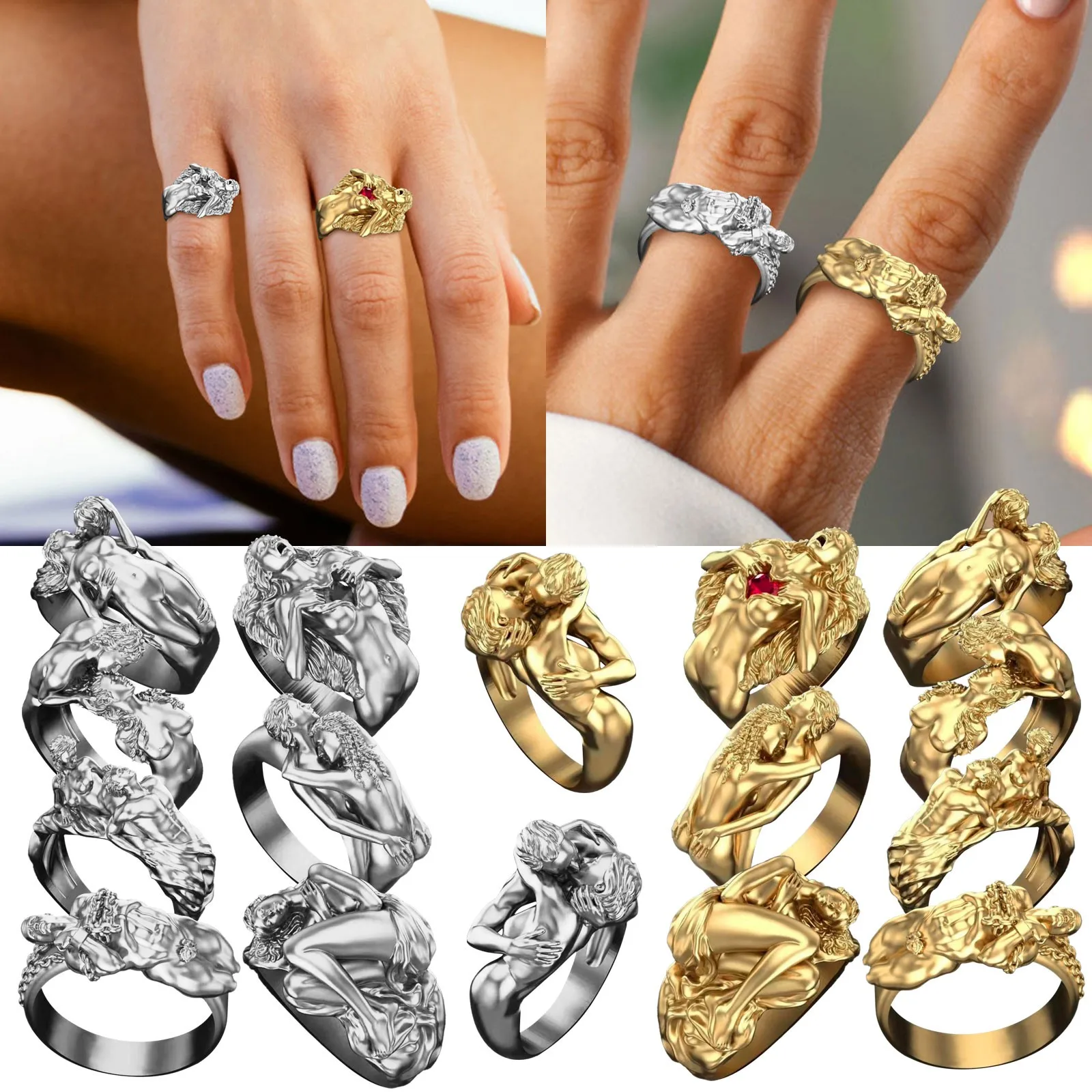 

2pcs Fashion Hug pattern Couple Rings Style Love Series Finger Male And Female Couple Rings Wedding Valentine's Day Gifts 2021