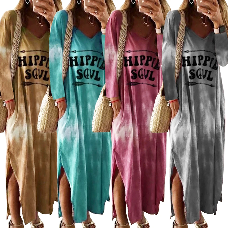 

Tie Dye Dress Gradient Color Sukienka Deep Plunge Dress Side Slit Robe Ete 2021 Letter Hippie Soul Dress Maxi Long Sleeve Women