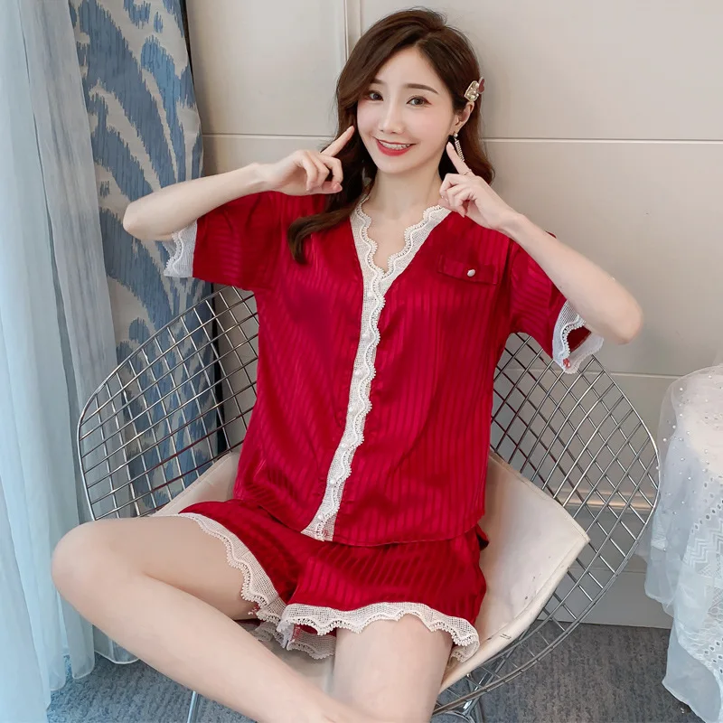 Summer Women's Pajamas Sets Ice Silk Solid Sexy Nightwear V-Neck Lace Short Sleeve Nightgown Home Wear Sleepwear Loungewear