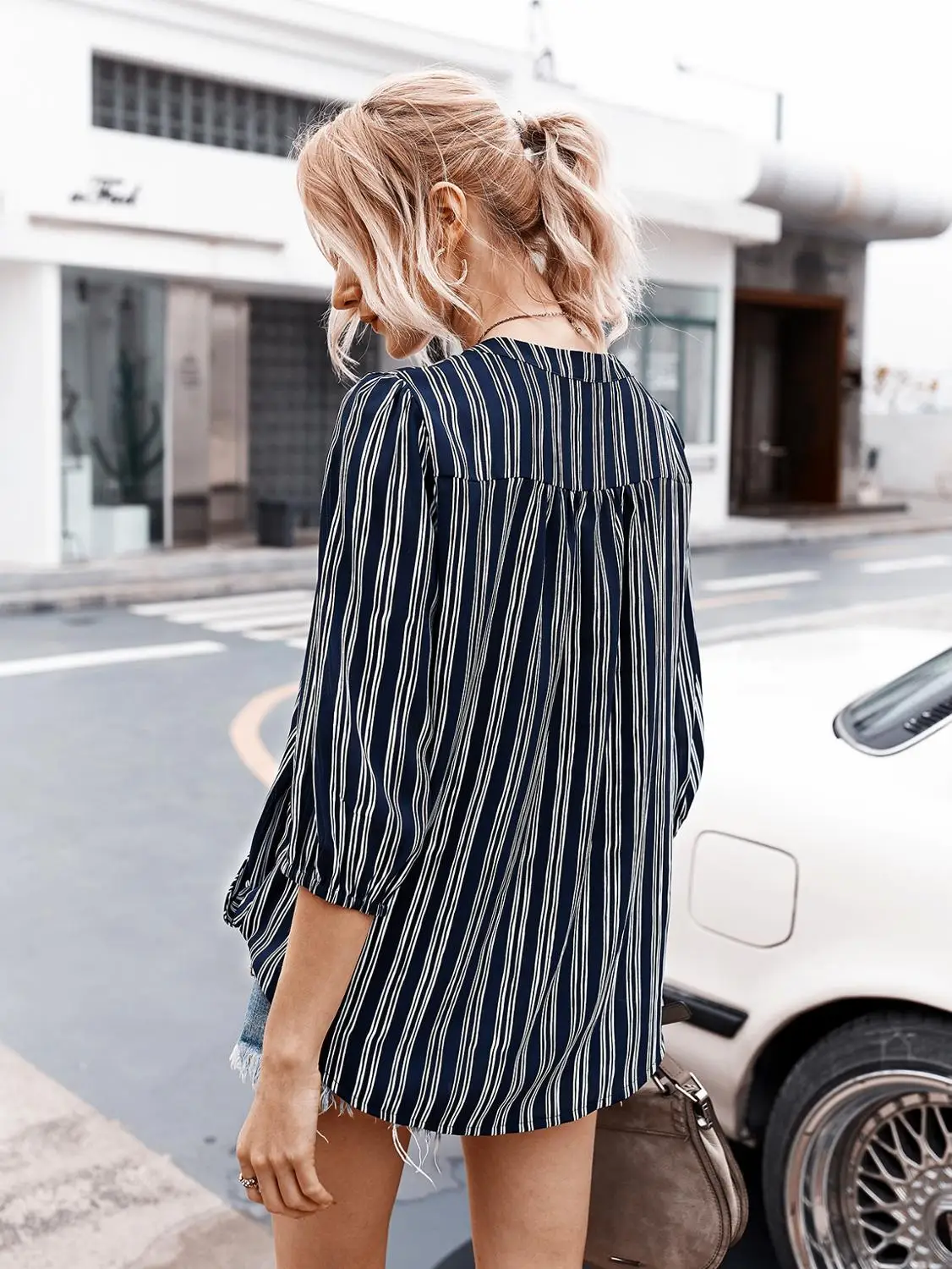 

Women Work Office Lady Shirt Striped Print Three Quarter Sleeve V-Neck Shirt Top Summer Casual Loose Fashion Button Shirt Female