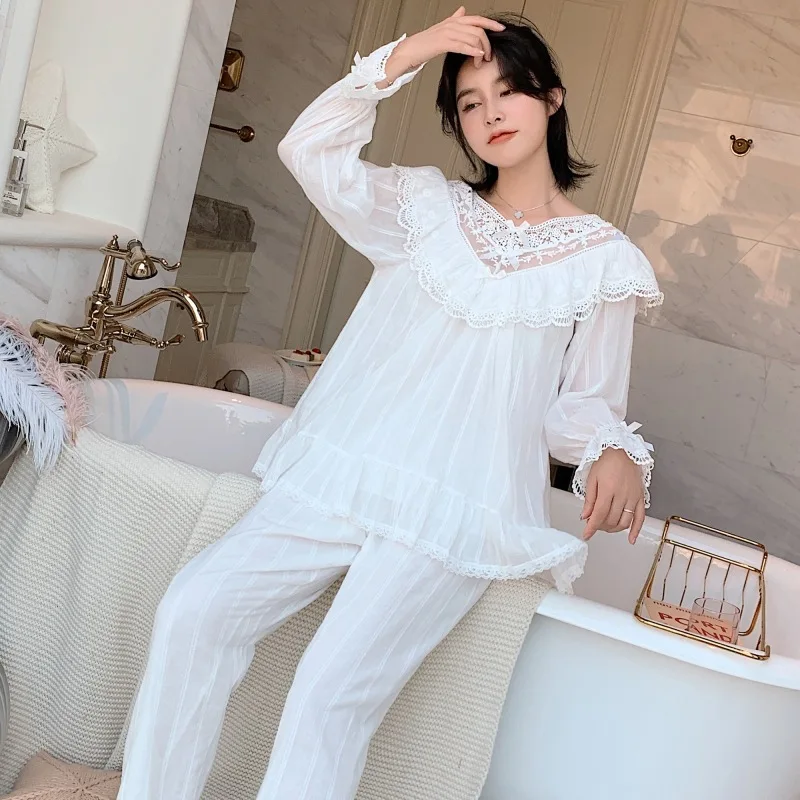 

Sweet Cotton Princess Collar Sleepwear Long Sleeve Women Loose Pajamas Suits Fresh Home Clothes