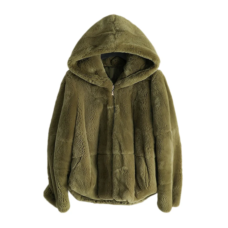 Women Real Natural rex rabbit fur coat high quality 100% genuine rex rabbit fur chinchilla color winter jacket hooded C913-1