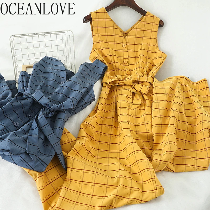 OCEANLOVE Женские клетчатые джемперы с V образным вырезом на шнуровке бантом и
