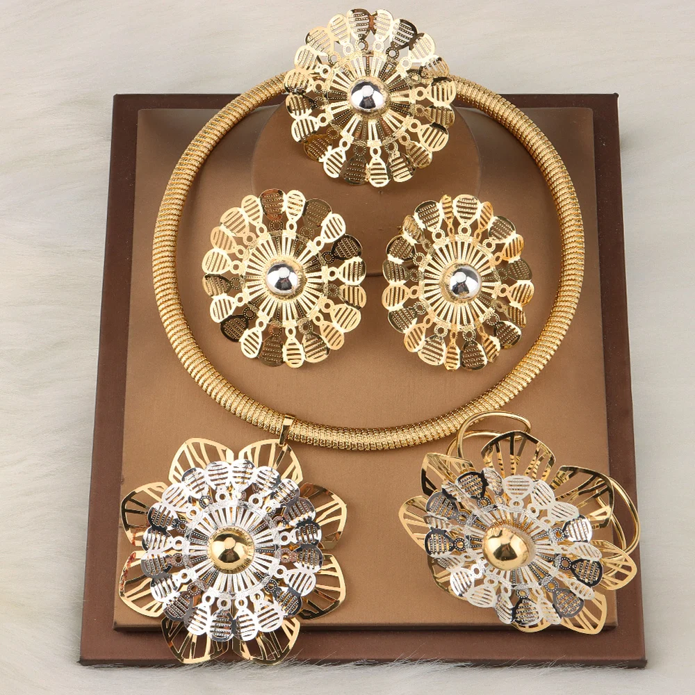 

Jewelry Sets For Women Flower Shape Pendant Necklace Gold Plated Bracelet Pierced Ring Fashionable Earrings 2021 Trend Bridal