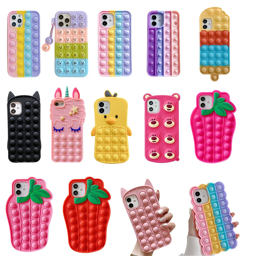 

Pop Fidget Toys Push Bubbles Silicone Case For iPhone 6 6s 7 8 Plus X XR XS 11 12 13 Pro Max SE 2020 Cartoon Rainbow Beans Cover