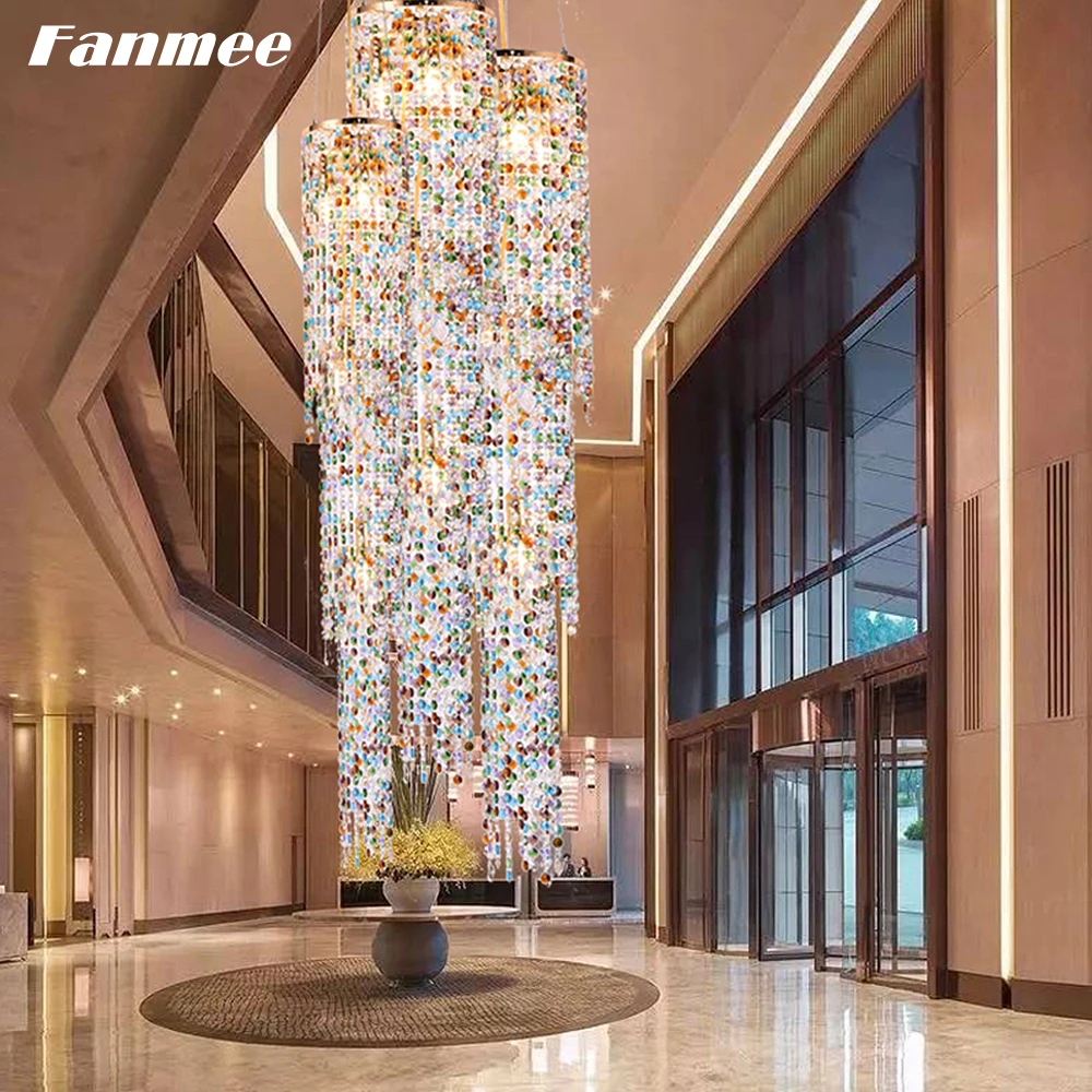 

Postmodern Luxury Clear Colored Crystal Beads Chandelier Lamp LED Large Column Decorative Project Light Fixture for Stairs Hotel