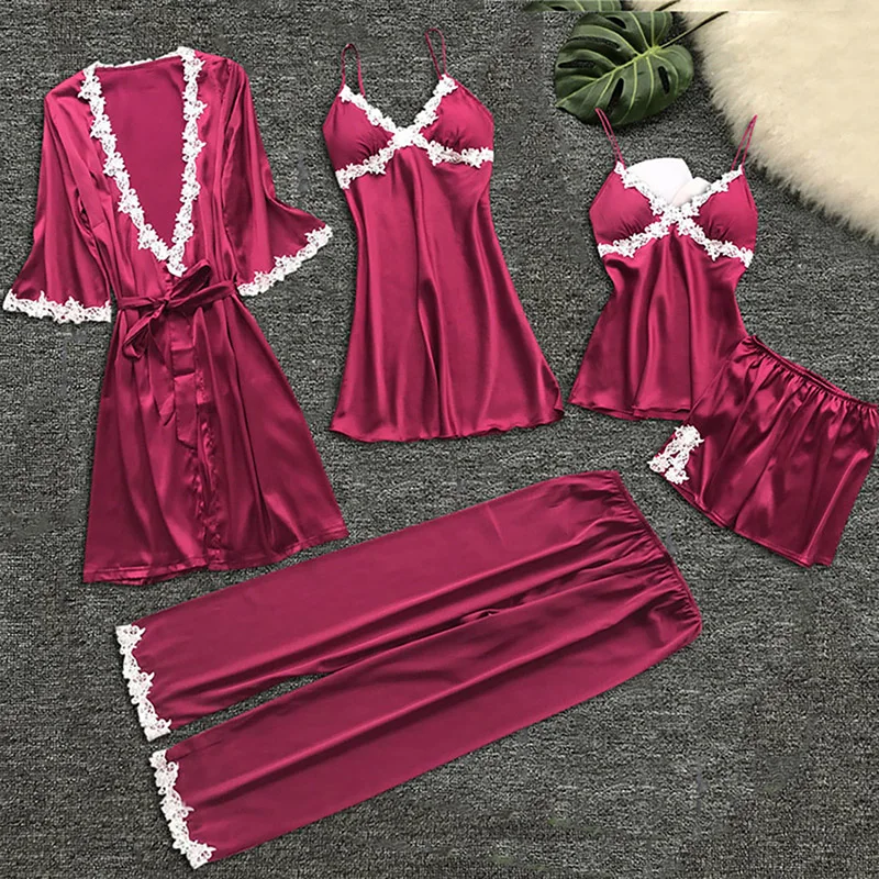 

New Women Pajamas 5 Pieces Sets Silk Satin Solid Pyjamas Set Sexy Pad Lace Night Suits Sleepwear Home Clothes Lingerie Lace