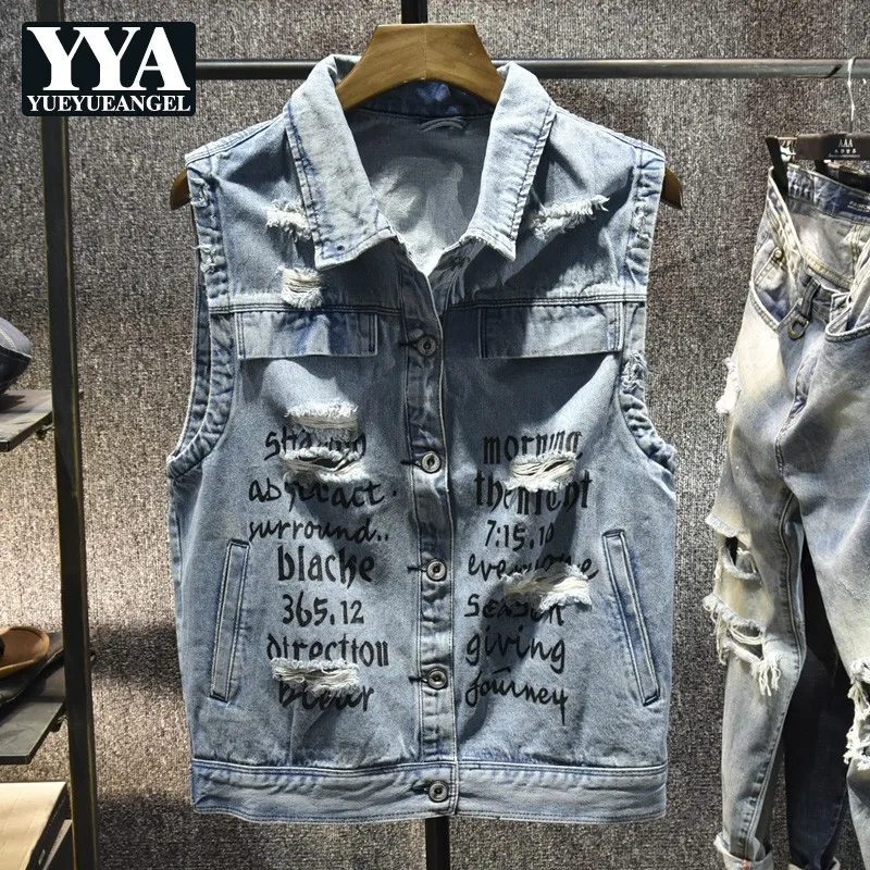 

Fashion Summer Single Breasted Mens Sleeveless Denim Waistcoats Personality Letter Printed Hole Ripped Casual Vests Plus Size