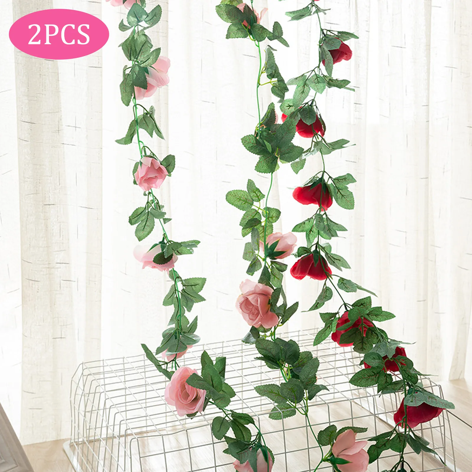 

2PCS Artificial Silk Roses Flowers Rattan Vine Hanging Garland for Home Wedding Garden Party Decoration Behogar