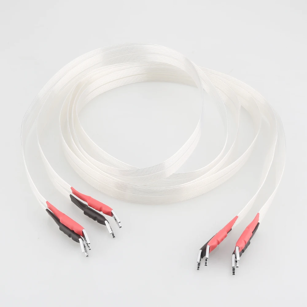

Pair HiFi Audio Speaker Cable OCC Silver Plated ribbon Loudspeaker Cable Spade Plug Terminal Audiophile