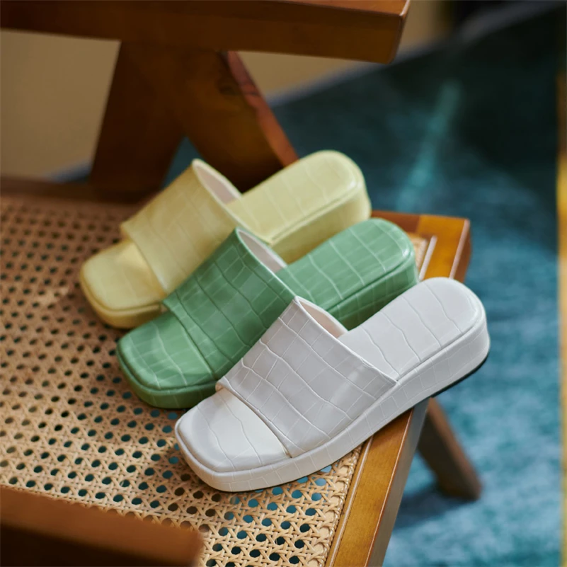 

Meotina Women Slippers Shoes Wedges Med Heel Sandals Square Toe Lady Footwear Summer Green Yellow Fashion Slides Shoes 2021 New