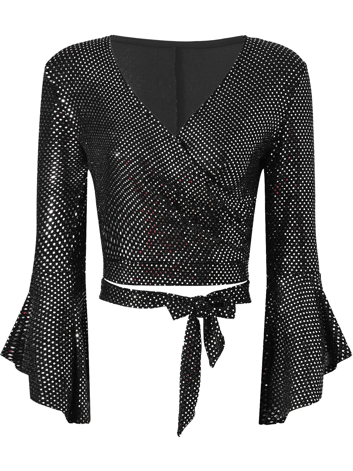 

Women Shiny Sequin Flare Sleeve Crop Top Ladies Sparkling V Neck Lace-up Slim Fit T-shirt Party Clubwear