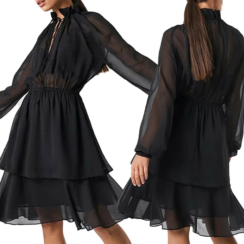 Женское шифоновое платье с V-образным вырезом длинным рукавом | Женская одежда