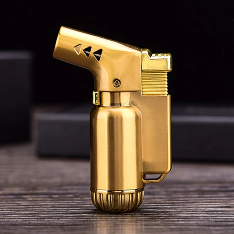 Gold Металлическая Бутановая газовая струйная зажигалка, турбо фонарь, распылитель, зажигалка для сигар, надувная, непродуваемая, портативная зажигалка, 1300 C, для улицы - Цвет: Gold