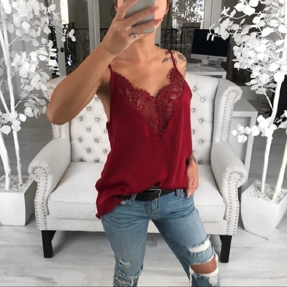HEFLASHOR Casual Loose Summer Vest Women Sexy Lace V Neck Sling Tops Sleeveless T-Shirt Solid Spaghetti Straps 2020 Fashion | Женская