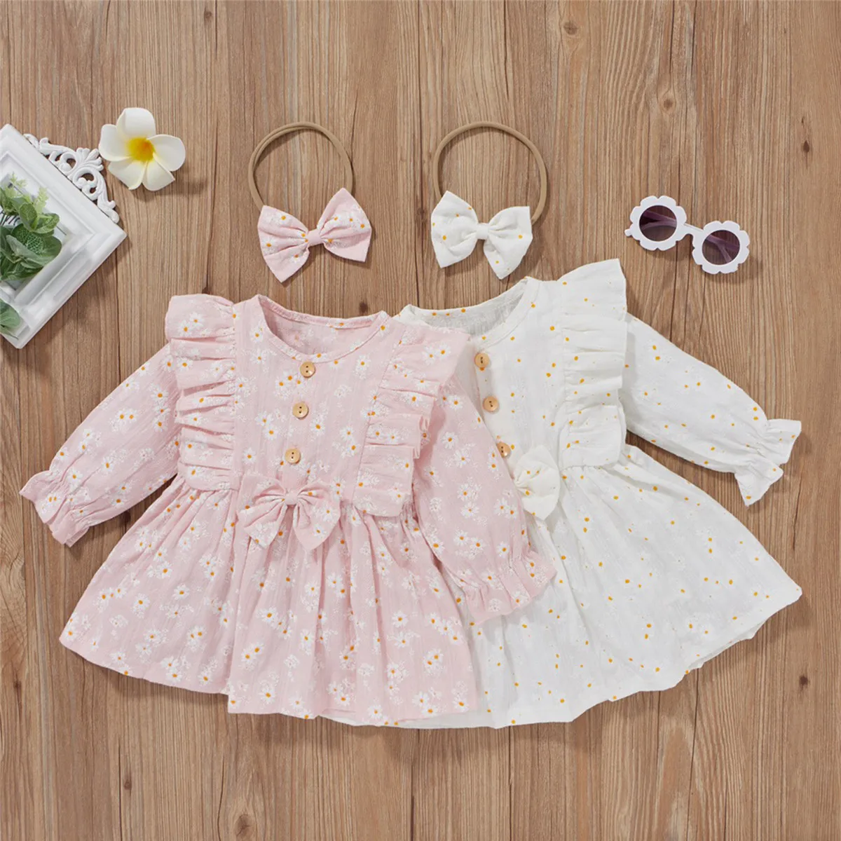 

2021 Autumn Fall Cute Baby Long Sleeve Dress Bow Headband Ruffle Decorated with Daisy Print Spring Baby Clothing