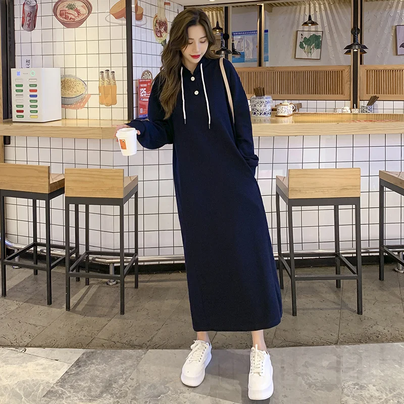 

Long below the Knee to Ankle Sweater Dress Long Dress Female 2021 Autumn New Fleece Lined Fashion Hooded Maxi Skirt
