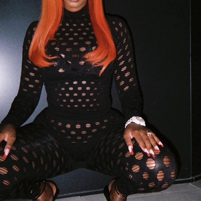 

Женский комплект из 2 предметов с высоким воротником, соблазнительное прозрачное боди с вырезами и леггинсы, облегающий костюм для активног...