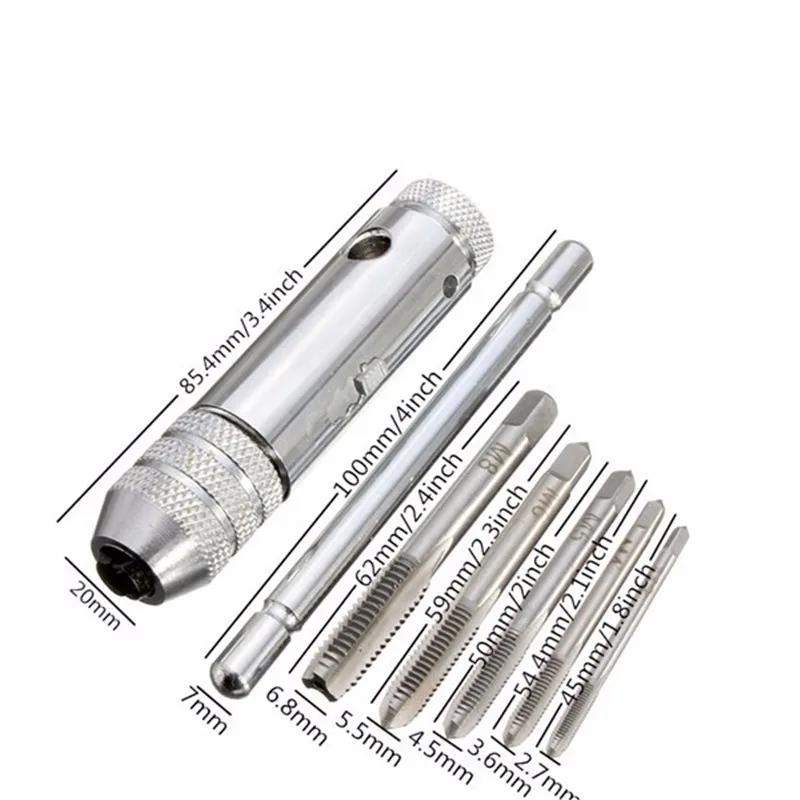 

T Handle Ratchet Tap Wrench With 5pcs M3-M8 Machine Screw Thread Metric Plug Tap Machinist Hand Tools Tap Wrench Tool sets