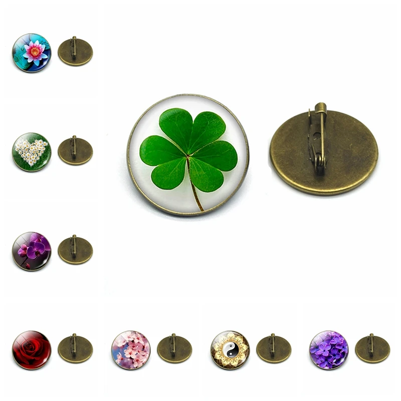Shamrock четырехлистный клевер цветок искусство фото стекло брошь из кабошона