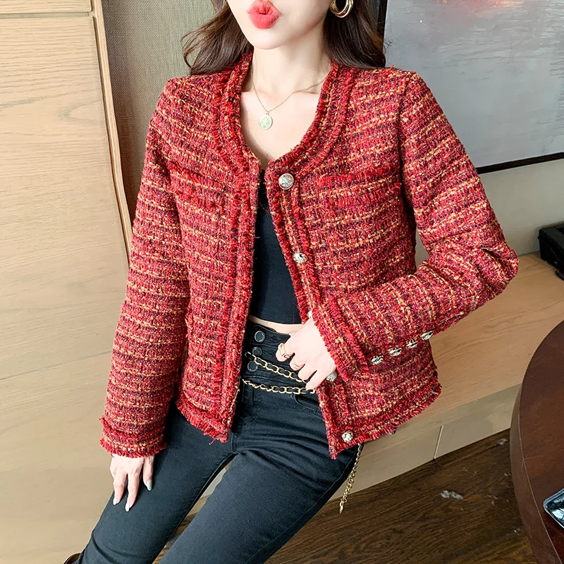 

Женский твидовый костюм с бахромой, красная куртка с карманами, верхняя одежда, осень-зима 2021