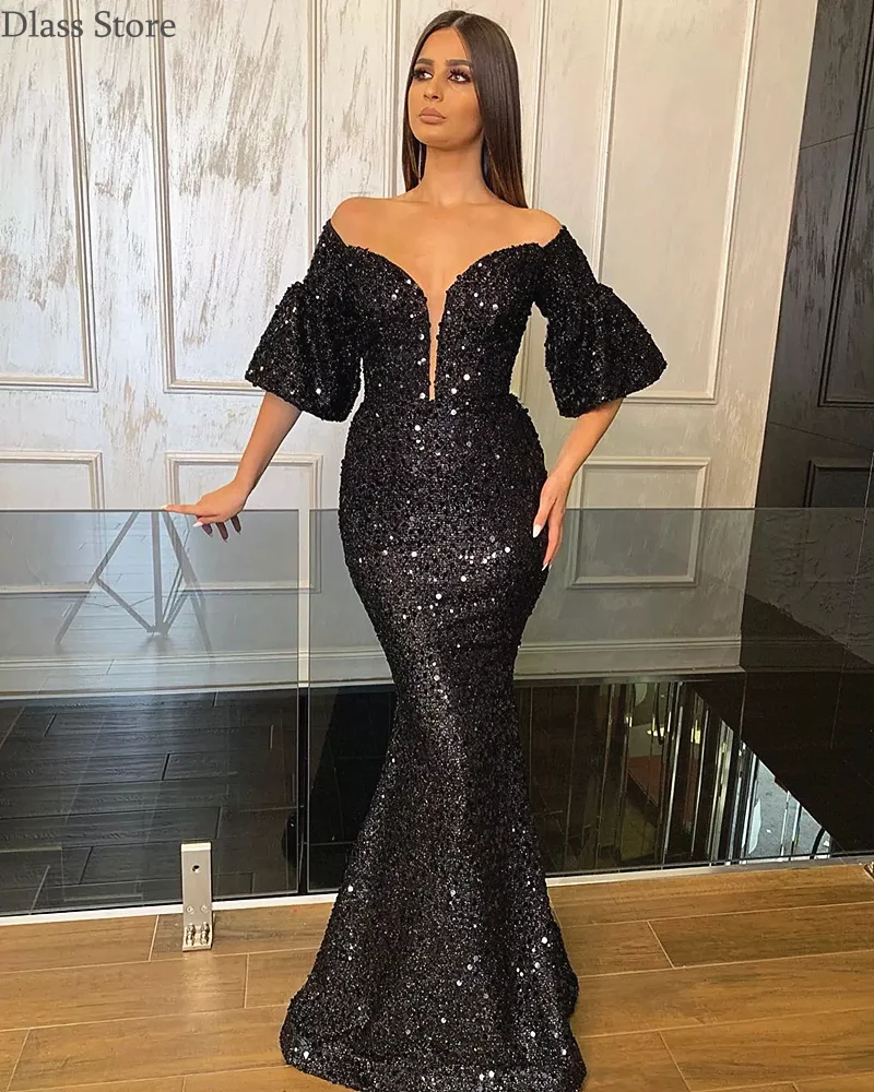 

Black Sequin Evening Dress Mermaid Sexy Luxury Off Should Half Sleeves Floor Length V-neck Custom 2020 Prom Dress فساتين السهرة