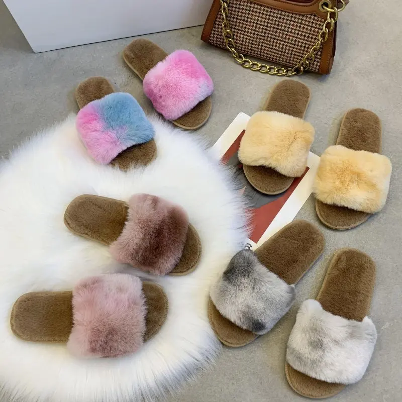 

Colorful Faux Fur Women Shoes Woman Slippers New Fashion Warm Slip on Flat Fur Slippers Female Slides Plus Size Winter Slippers
