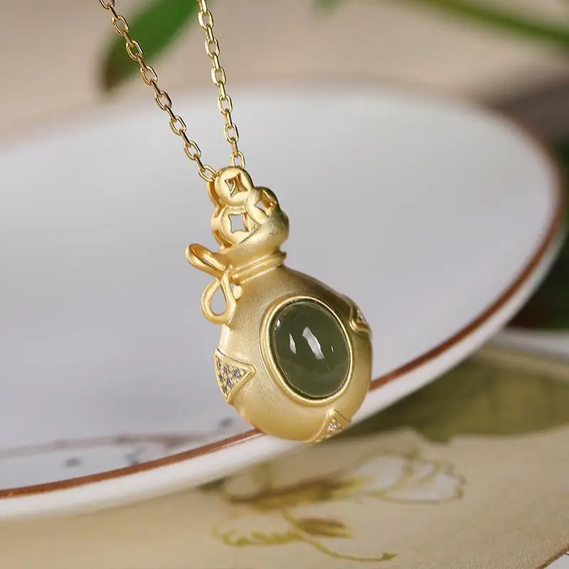 

S925 Sterling Silver Hetian Jade Inlaid Gray Jade Money Lucky Bag Purse Lucky Vintage Silver Jewelry High-End Ladies' Pendant