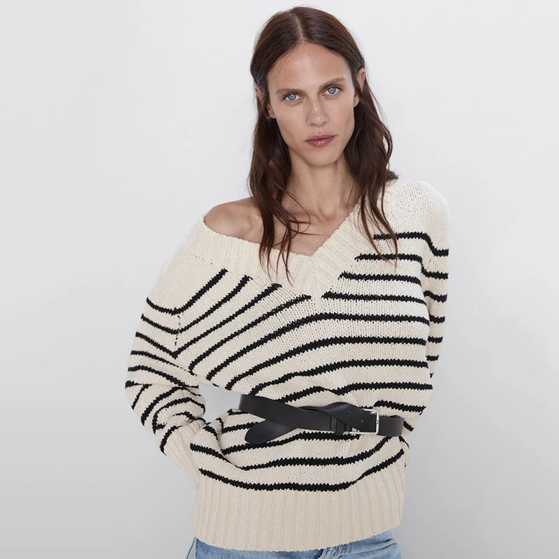 Autumn New ZA Women's Knit Sweater Fashion Stripe Long Sleeve V-neck Loose Casual Turtleneck Hot Sales Wholesale | Женская одежда