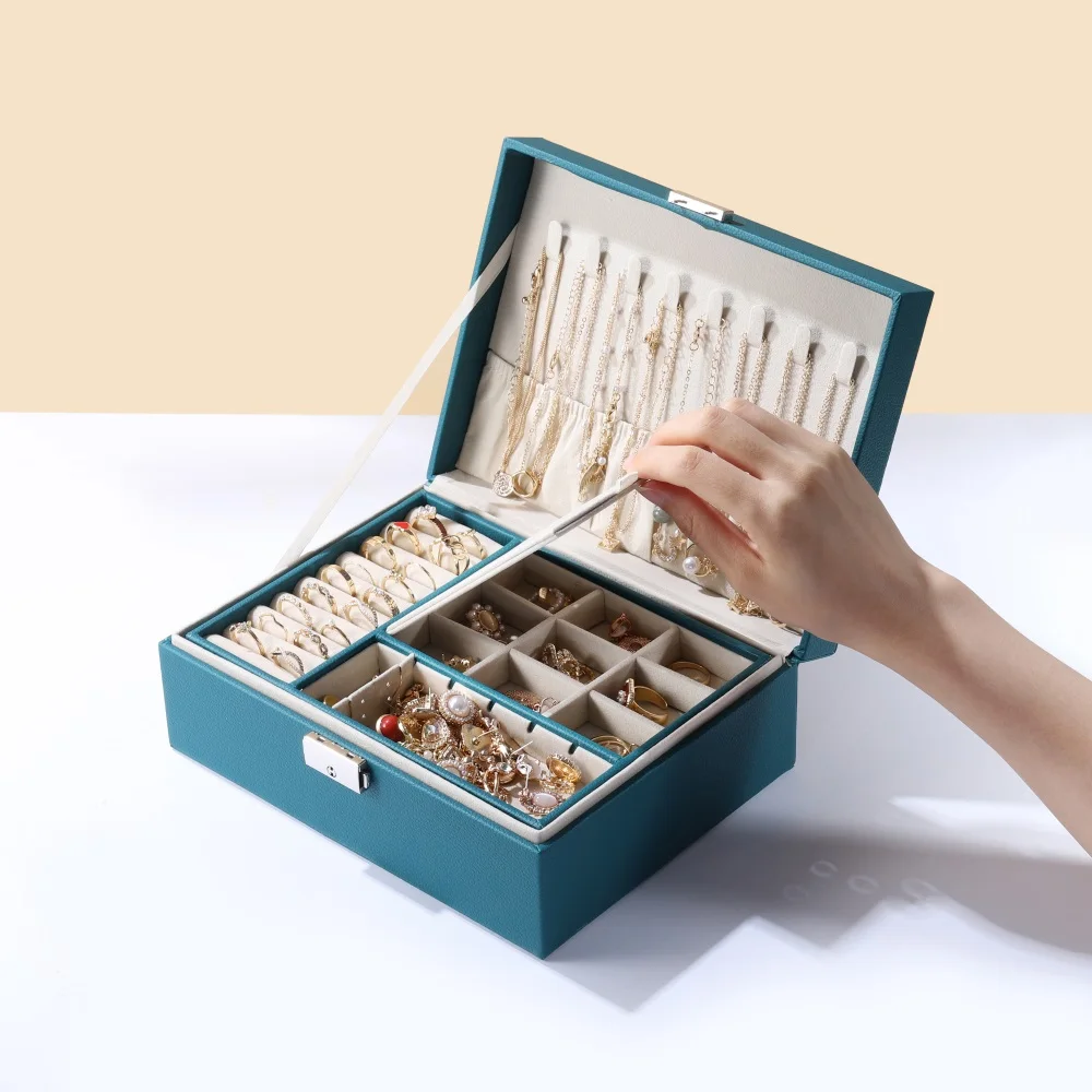 Двухслойная большая емкость Кожевенная коробка для ювелирных изделий дорожный