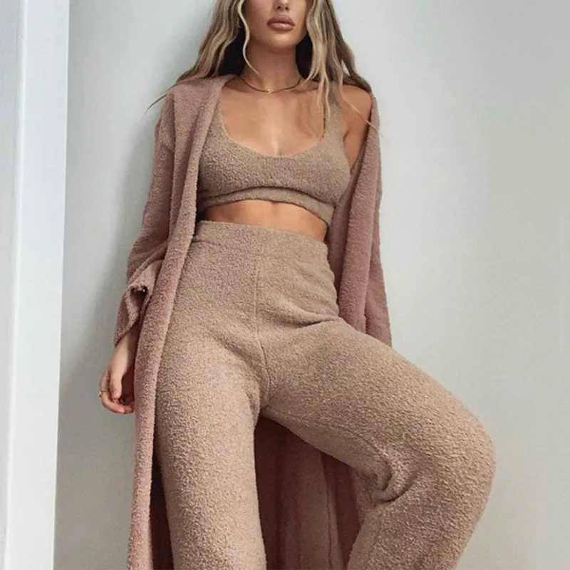 

Fashion V-neck Sling Tank Top And Trousers Suit Women Autumn Sexy Plush 2PCS Set Home Clothes
