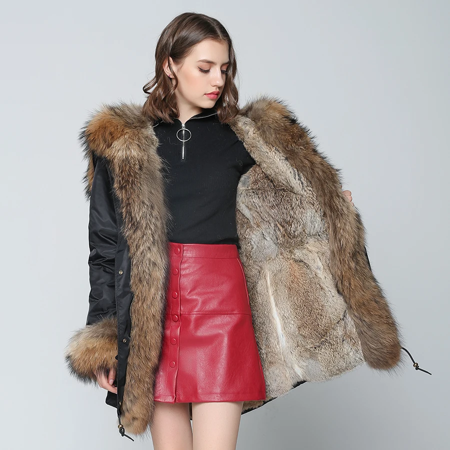 OFTBUY, водонепроницаемая парка, зимняя куртка, Женское пальто с натуральным мехом, большой натуральный мех енота, Воротник из натурального меха кролика, подкладка из толстого теплого меха, Новинка